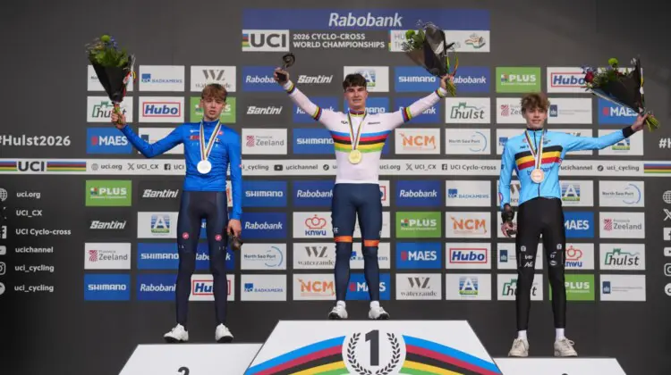 2026 UCI Cyclocross World Championships, U23 Men. Photo: UCI/Simon Wilkinson/SWpix.com - 30/01/2026 - Cycling - 2026 UCI Cyclo-cross World Championships - Hulst, Zeeland, Netherlands - Men’s Junior Podium: 🥇 Delano Heeren 🇳🇱 🥈 Filippo Grigolini 🇮🇹 🥉 Giel Lejeune 🇧🇪 photo: UCI